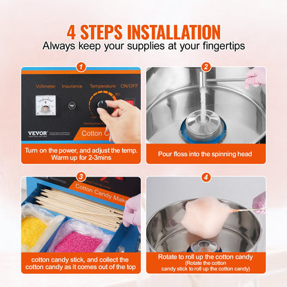 Electric Cotton Candy Machine with Cart, 1000W Commercial Candy Floss Maker with Stainless Steel Bowl, Sugar Scoop and Drawer, Perfect for Home, Kids Birthday, Family Party, Blue