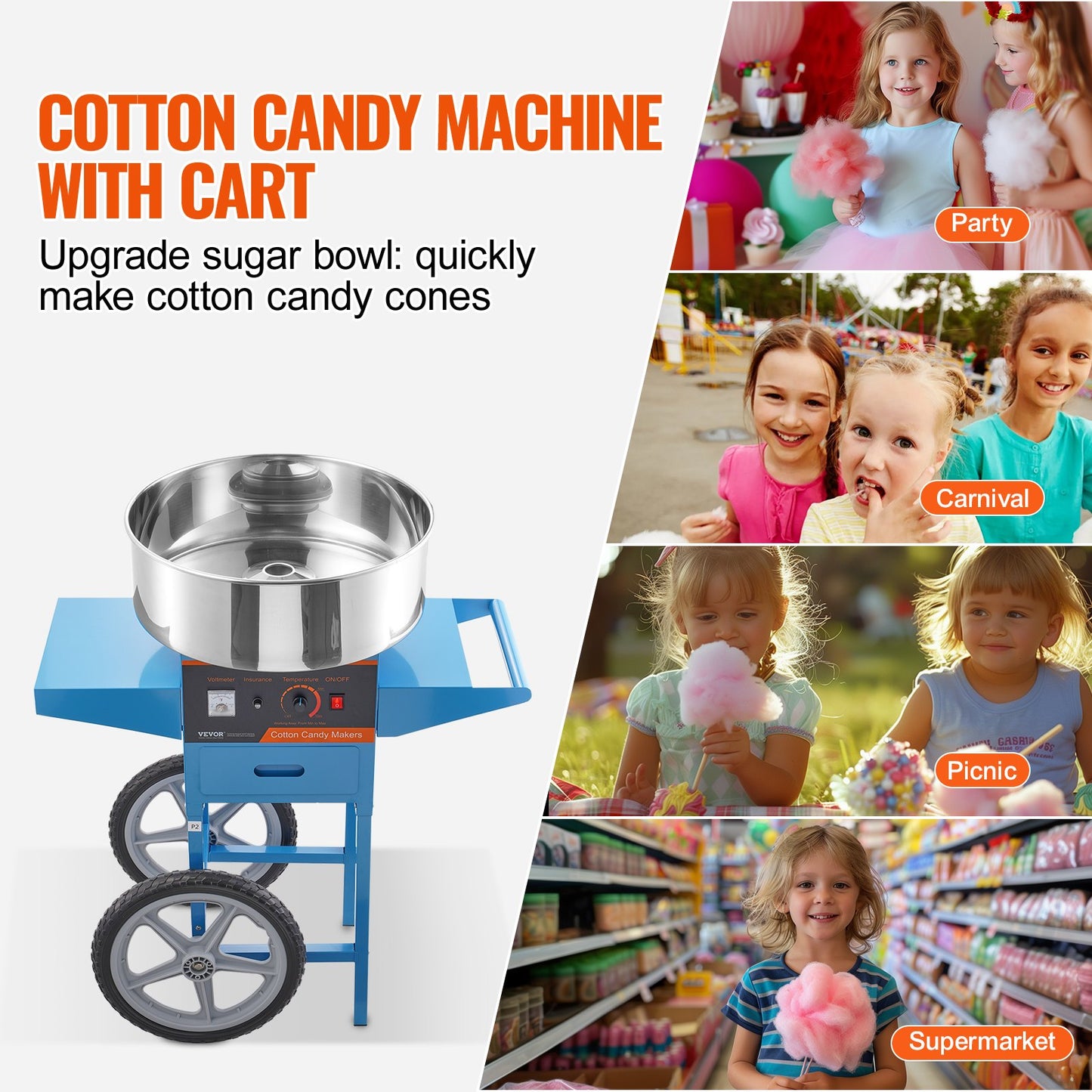 Electric Cotton Candy Machine with Cart, 1000W Commercial Candy Floss Maker with Stainless Steel Bowl, Sugar Scoop and Drawer, Perfect for Home, Kids Birthday, Family Party, Blue