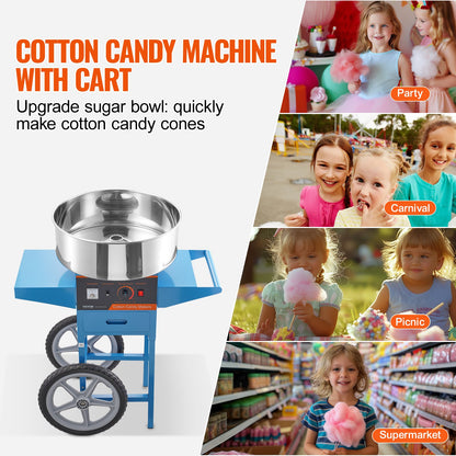 Electric Cotton Candy Machine with Cart, 1000W Commercial Candy Floss Maker with Stainless Steel Bowl, Sugar Scoop and Drawer, Perfect for Home, Kids Birthday, Family Party, Blue