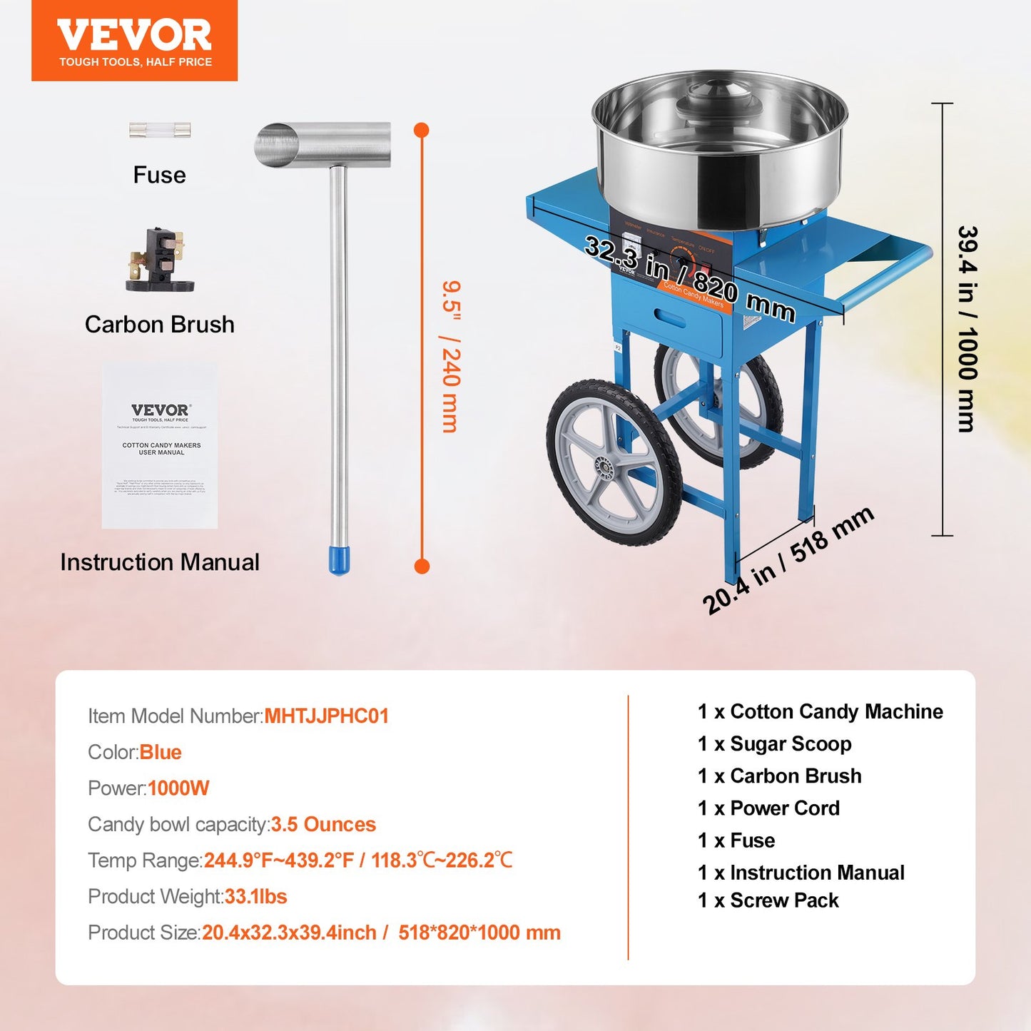 Electric Cotton Candy Machine with Cart, 1000W Commercial Candy Floss Maker with Stainless Steel Bowl, Sugar Scoop and Drawer, Perfect for Home, Kids Birthday, Family Party, Blue