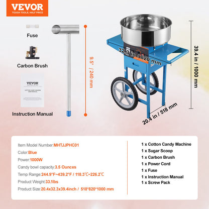 Electric Cotton Candy Machine with Cart, 1000W Commercial Candy Floss Maker with Stainless Steel Bowl, Sugar Scoop and Drawer, Perfect for Home, Kids Birthday, Family Party, Blue