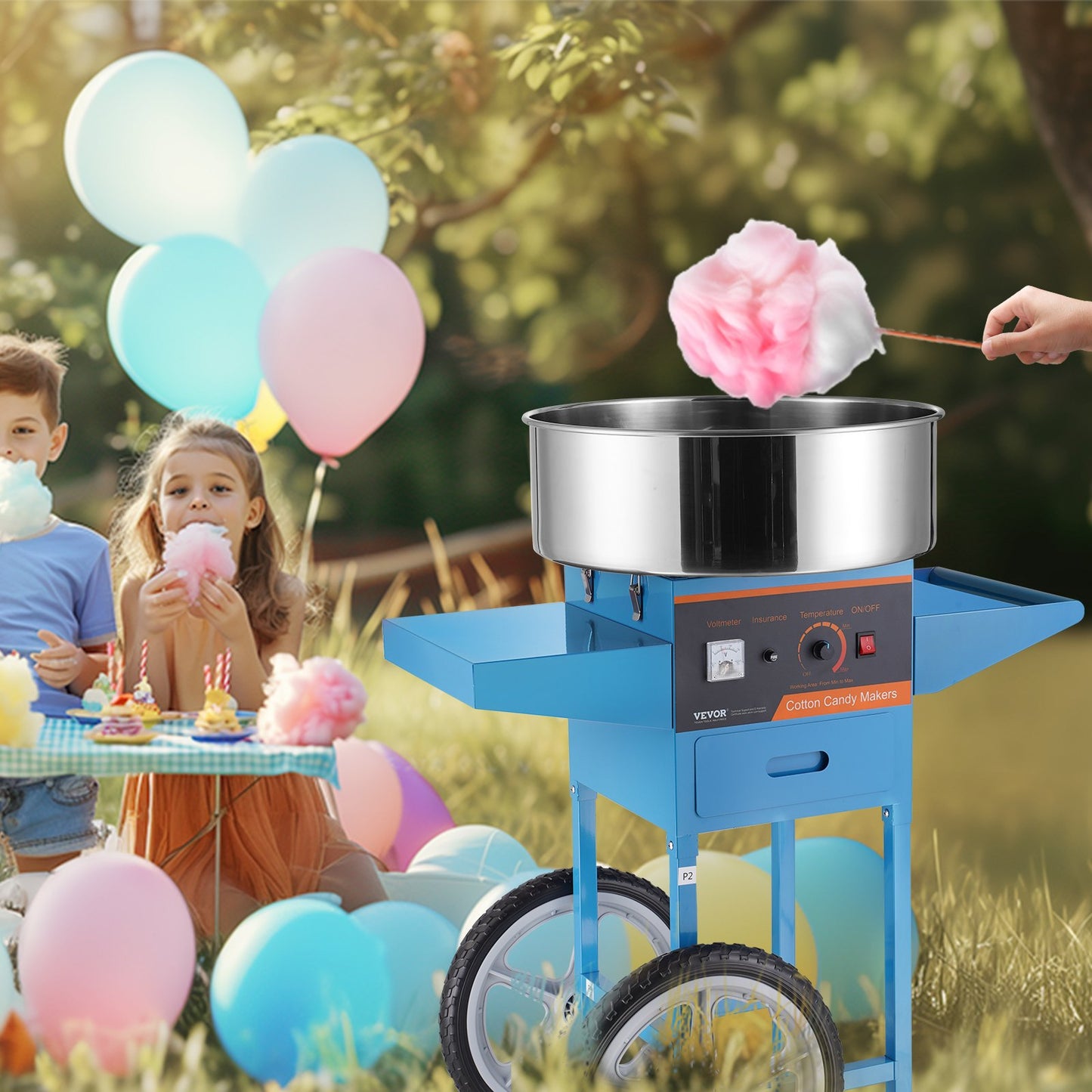 Electric Cotton Candy Machine with Cart, 1000W Commercial Candy Floss Maker with Stainless Steel Bowl, Sugar Scoop and Drawer, Perfect for Home, Kids Birthday, Family Party, Blue