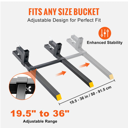 Pallet Forks, 2000 lbs Clamp on Pallet Forks, 43" Total Length Tractor Bucket Forks with Adjustable Stabilizer bar, Heavy Duty Pallet Forks for Tractor Attachments, Skid Steer, Loader Bucket