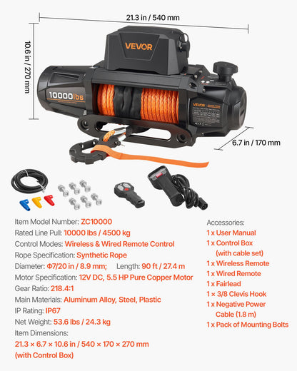 Electric Winch, 10000 lbs Load Capacity, 12V DC Truck Winch with Φ7/20 in x 90 ft Synthetic Rope, Wireless & Wired Remote Control, IP67 Waterproof for Towing Off-Road SUV Jeep Trailer Boat