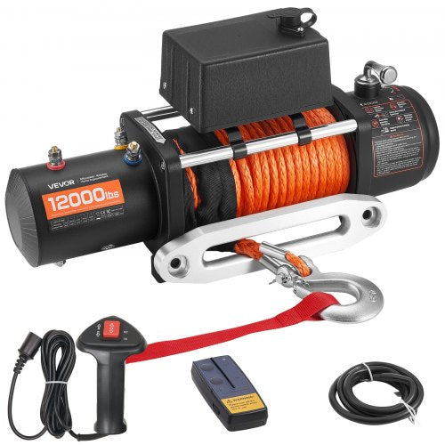 Electric Winch, 12000 lbs Load Capacity, 12V DC Truck Winch with Φ0.36 in x 75.5 ft Synthetic Rope, Wireless & Wired Remote Control, IP55 Waterproof for Towing Off-Road SUV Jeep Trailer Boat