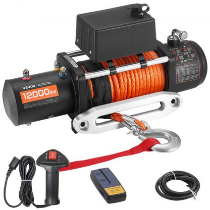 Electric Winch, 12000 lbs Load Capacity, 12V DC Truck Winch with Φ0.36 in x 75.5 ft Synthetic Rope, Wireless & Wired Remote Control, IP55 Waterproof for Towing Off-Road SUV Jeep Trailer Boat