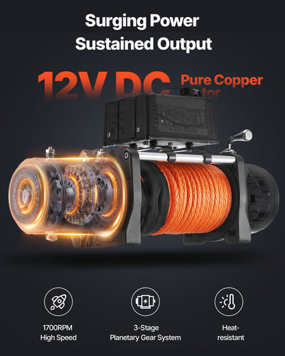 Electric Winch, 12000 lbs Load Capacity, 12V DC Truck Winch with Φ0.36 in x 75.5 ft Synthetic Rope, Wireless & Wired Remote Control, IP55 Waterproof for Towing Off-Road SUV Jeep Trailer Boat