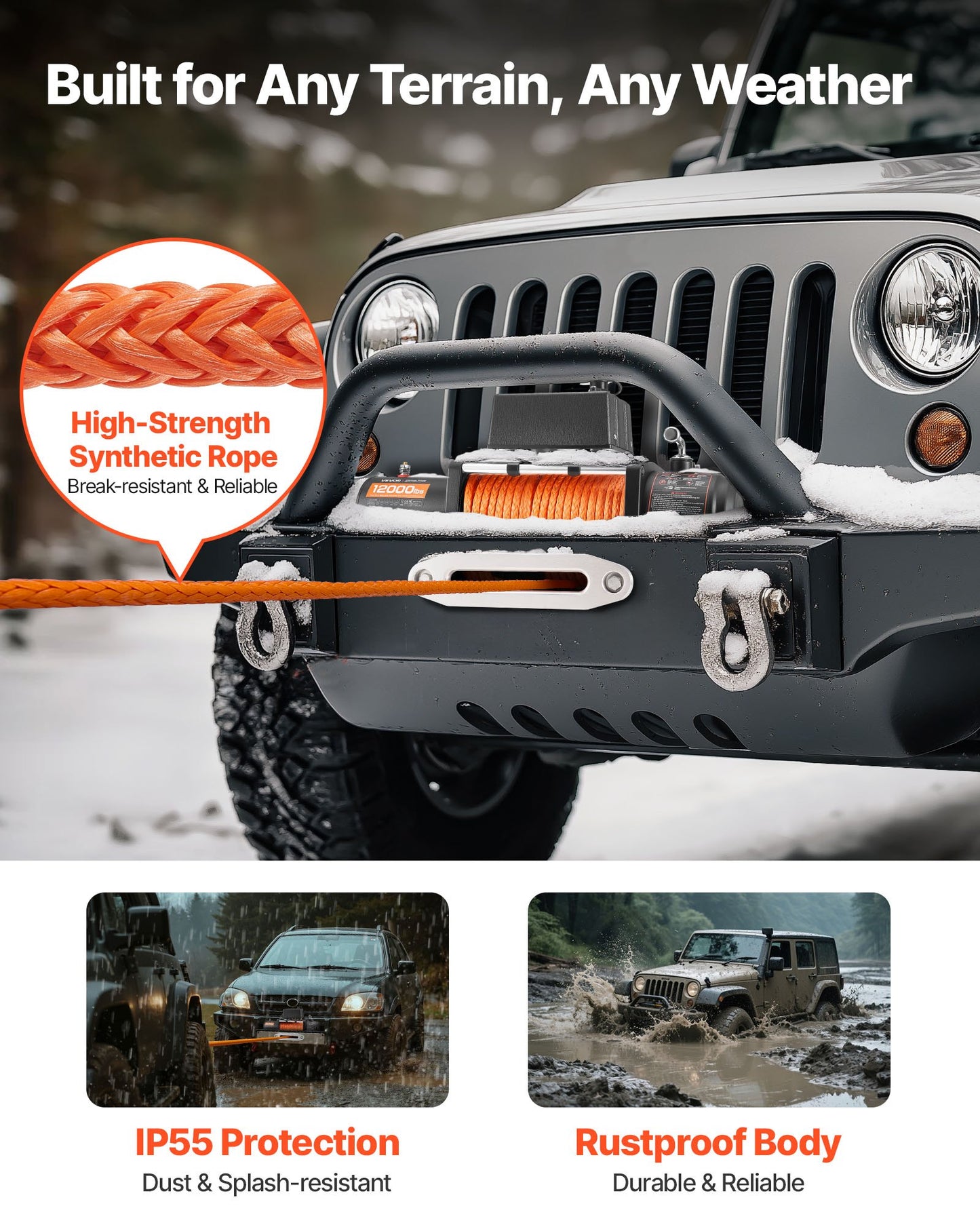 Electric Winch, 12000 lbs Load Capacity, 12V DC Truck Winch with Φ0.36 in x 75.5 ft Synthetic Rope, Wireless & Wired Remote Control, IP55 Waterproof for Towing Off-Road SUV Jeep Trailer Boat