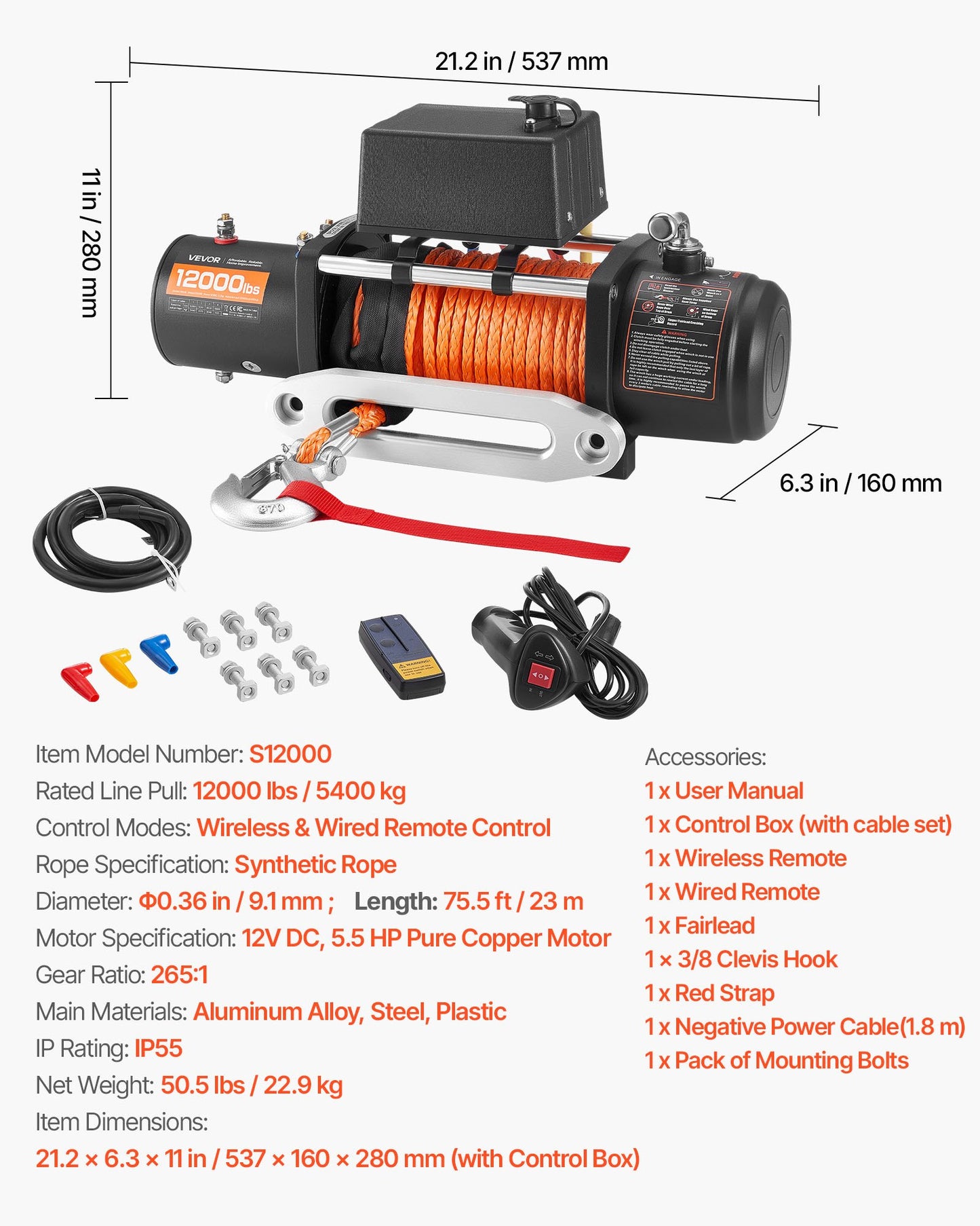 Electric Winch, 12000 lbs Load Capacity, 12V DC Truck Winch with Φ0.36 in x 75.5 ft Synthetic Rope, Wireless & Wired Remote Control, IP55 Waterproof for Towing Off-Road SUV Jeep Trailer Boat