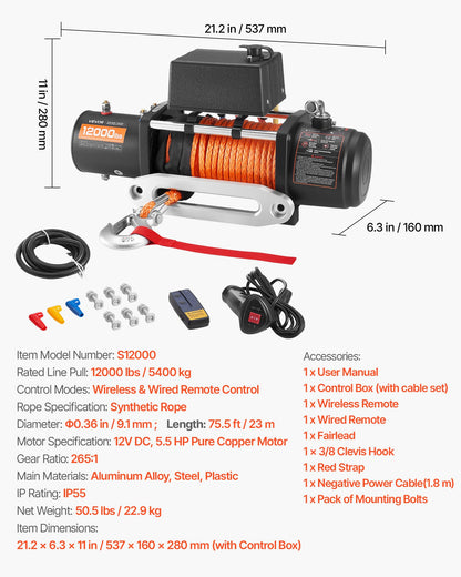 Electric Winch, 12000 lbs Load Capacity, 12V DC Truck Winch with Φ0.36 in x 75.5 ft Synthetic Rope, Wireless & Wired Remote Control, IP55 Waterproof for Towing Off-Road SUV Jeep Trailer Boat