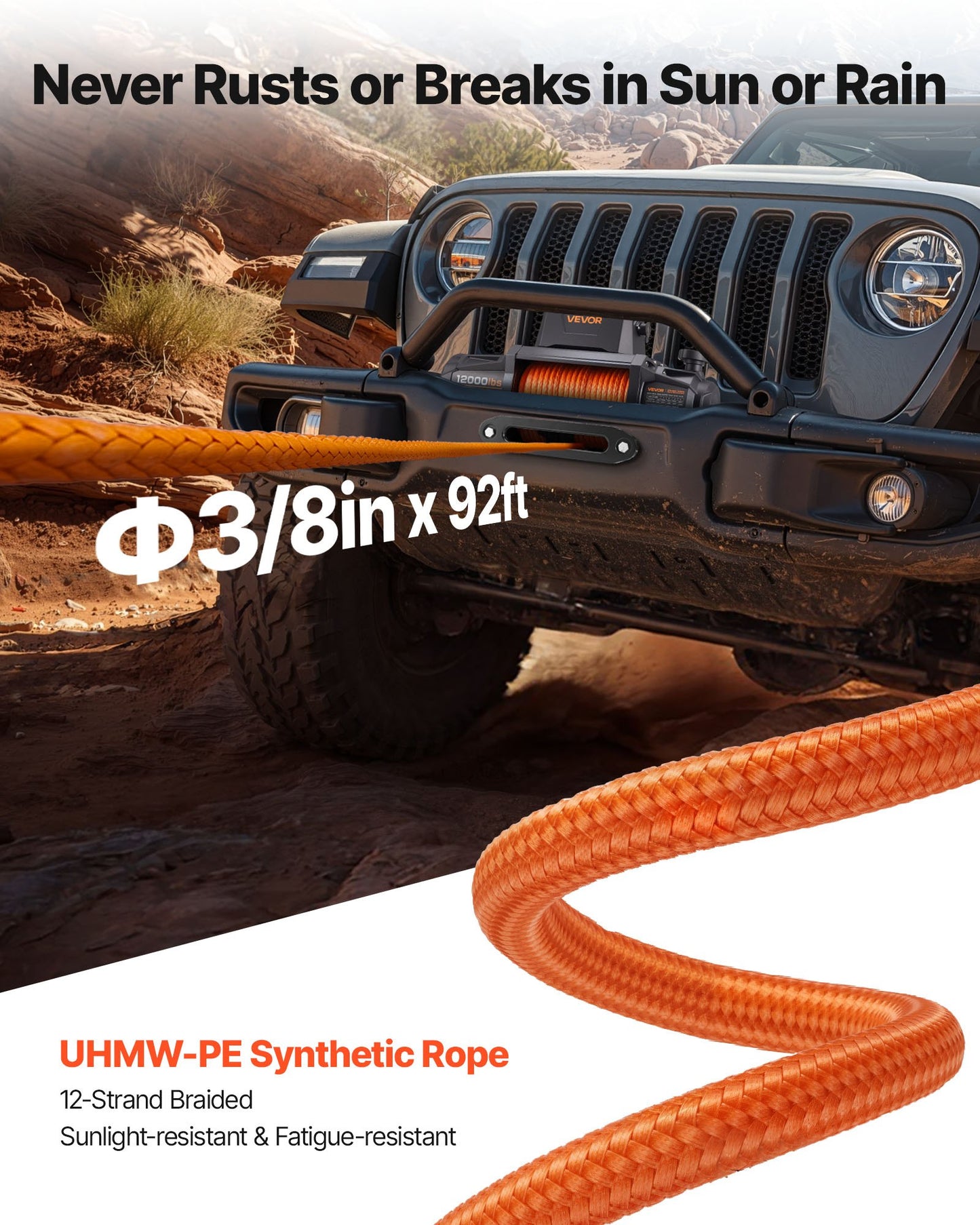Electric Winch, 12000 lbs Load Capacity, 12V DC Truck Winch with Φ3/8 in x 92 ft Synthetic Rope, Wireless & Wired Remote Control, IP67 Waterproof for Towing Off-Road SUV Jeep Trailer Boat