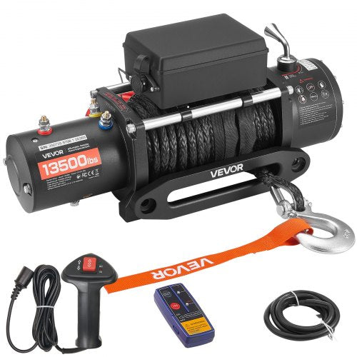 Electric Winch, 13500 lbs Load Capacity, 12V DC Truck Winch with Φ3/8 in x 85 ft Synthetic Rope, Wireless & Wired Remote Control, IP55 Waterproof for Towing Off-Road SUV Jeep Trailer Boat