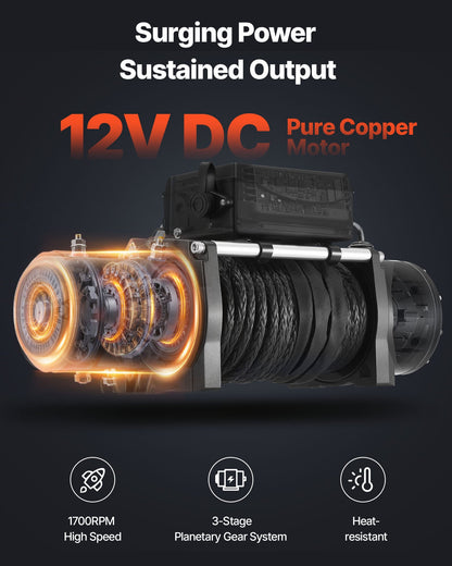 Electric Winch, 13500 lbs Load Capacity, 12V DC Truck Winch with Φ3/8 in x 85 ft Synthetic Rope, Wireless & Wired Remote Control, IP55 Waterproof for Towing Off-Road SUV Jeep Trailer Boat