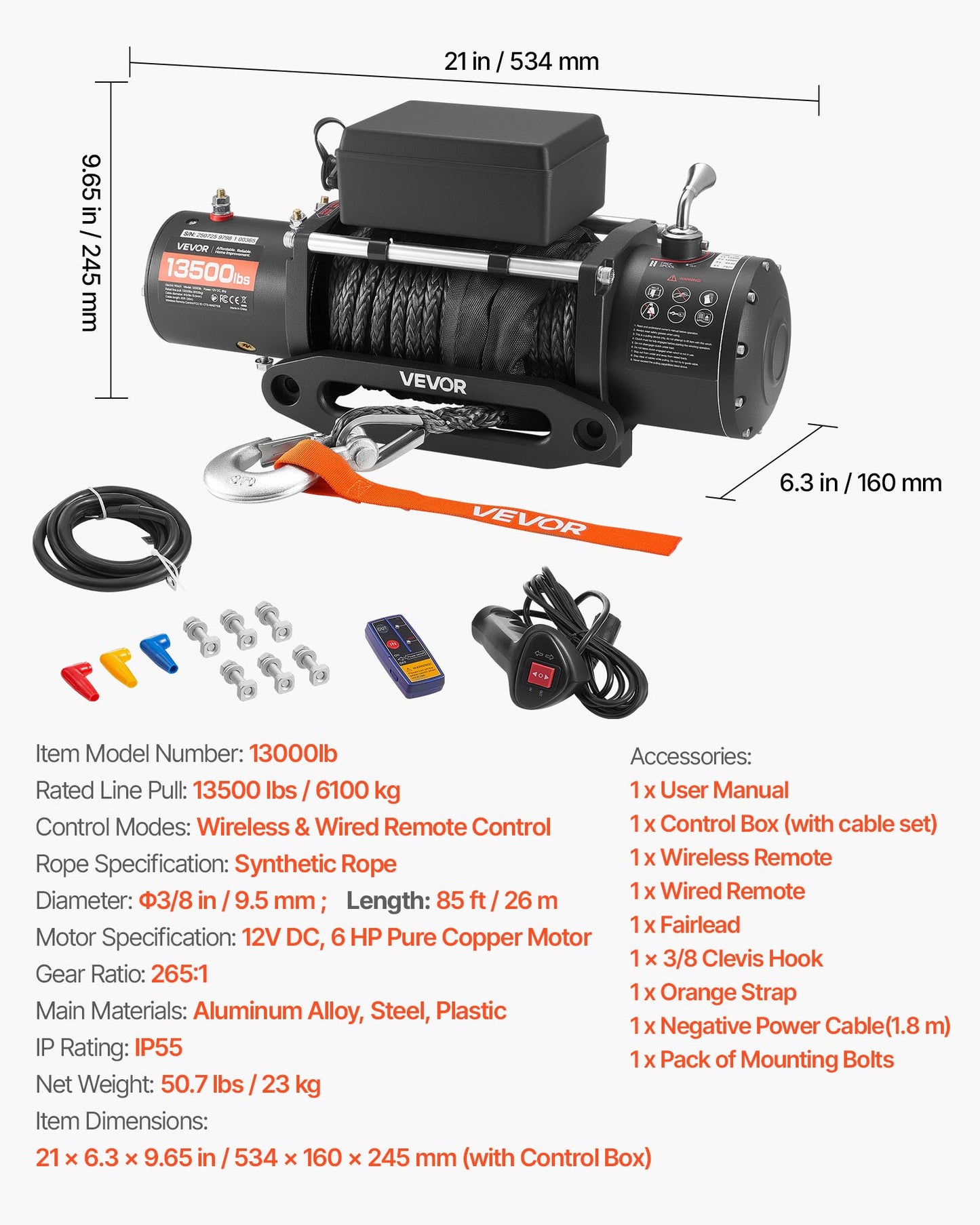 Electric Winch, 13500 lbs Load Capacity, 12V DC Truck Winch with Φ3/8 in x 85 ft Synthetic Rope, Wireless & Wired Remote Control, IP55 Waterproof for Towing Off-Road SUV Jeep Trailer Boat