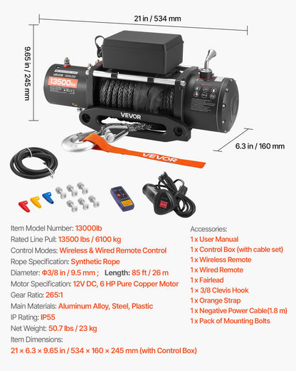 Electric Winch, 13500 lbs Load Capacity, 12V DC Truck Winch with Φ3/8 in x 85 ft Synthetic Rope, Wireless & Wired Remote Control, IP55 Waterproof for Towing Off-Road SUV Jeep Trailer Boat