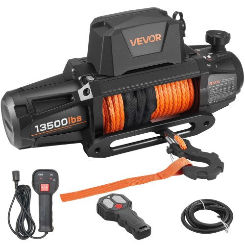 Electric Winch, 13500 lbs Load Capacity, 12V DC Truck Winch with Φ3/8 in x 92 ft Synthetic Rope, Wireless & Wired Remote Control, IP67 Waterproof for Towing Off-Road SUV Jeep Trailer Boat