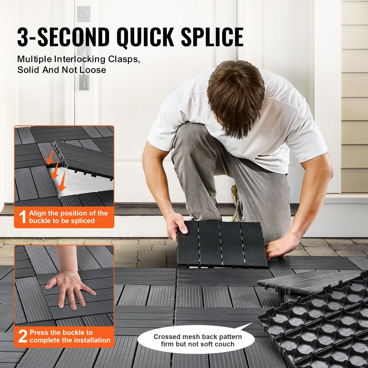 Interlocking Deck Tiles, 54 Pack,12"x12" 54 sq. ft Plastic Waterproof Outdoor Flooring All Weather Use, Patio Floor Decking Covering Tiles for Porch Poolside Balcony Backyard, Dark Grey