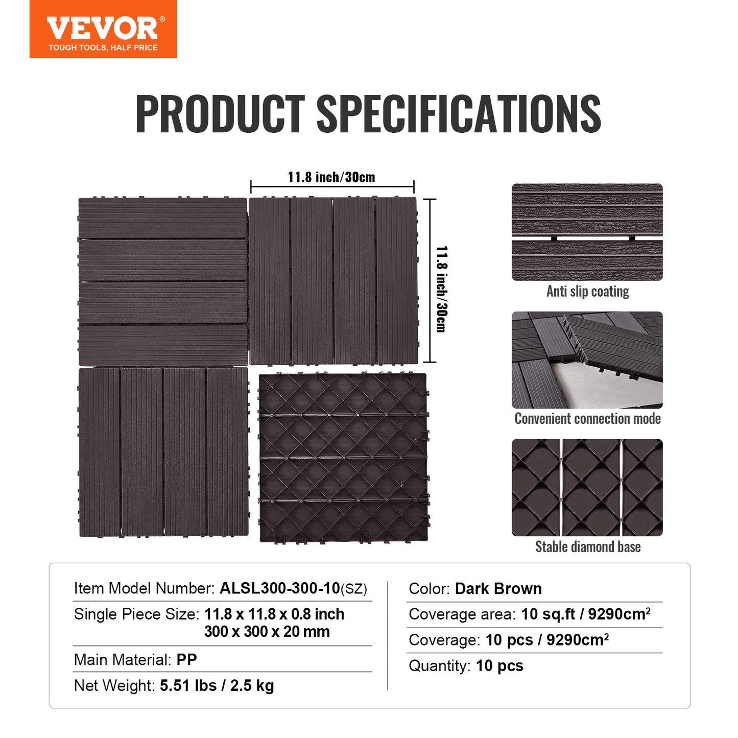 Interlocking Deck Plates 10 Pack 12"x12" Vattentät för veranda mörkbrun