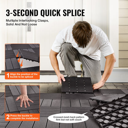 Interlocking Deck Tiles, 10 Pack,12"x12" 10 sq. ft Plastic Waterproof Outdoor Flooring All Weather Use, Patio Floor Decking Covering Tiles for Porch Poolside Balcony Backyard, Dark Brown
