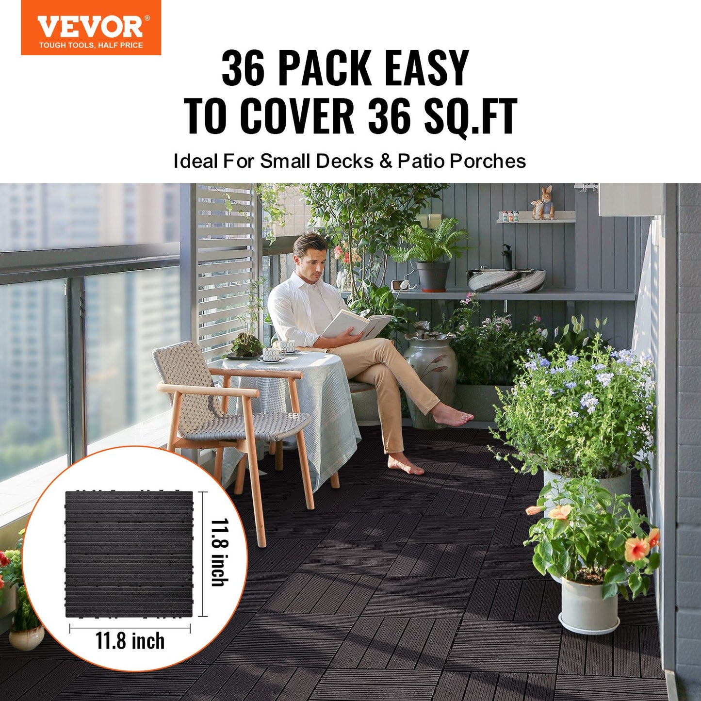 Interlocking Deck Tiles 36 Pack 12"x12" Vattentät för veranda mörkbrun
