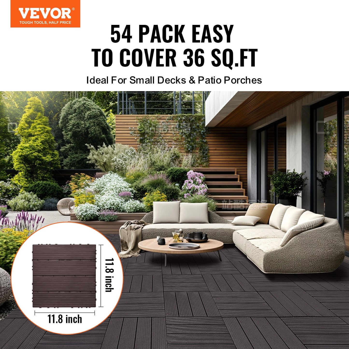 Interlocking Deck Tiles 54 Pack 12"x12" Vattentät för veranda mörkbrun