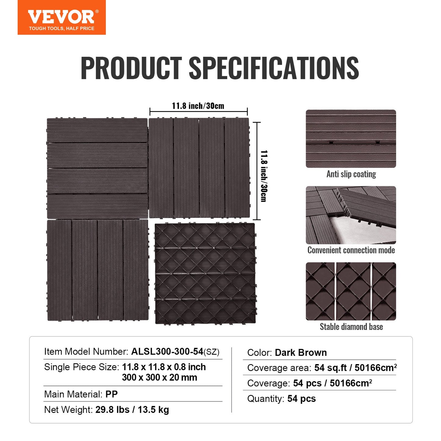 Interlocking Deck Tiles 54 Pack 12"x12" Vattentät för veranda mörkbrun