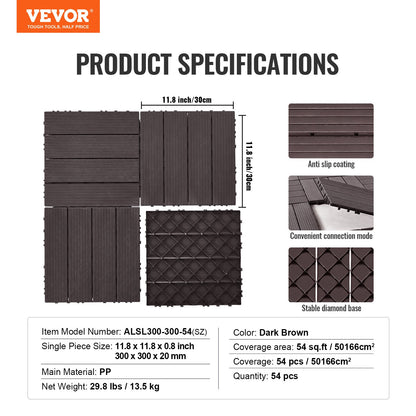 Interlocking Deck Tiles 54 Pack 12"x12" Vattentät för veranda mörkbrun