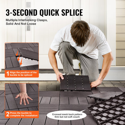 Interlocking Deck Tiles, 54 Pack,12"x12" 54 sq. ft Plastic Waterproof Outdoor Flooring All Weather Use, Patio Floor Decking Covering Tiles for Porch Poolside Balcony Backyard, Dark Brown