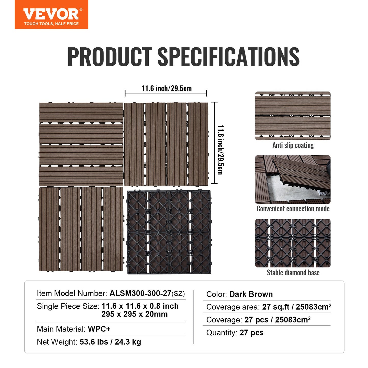 Interlocking Deck Plates Plast Wood 27 Pack 12"x12" Vattentät för veranda