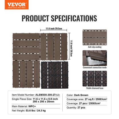 Interlocking Deck Plates Plast Wood 27 Pack 12"x12" Vattentät för veranda