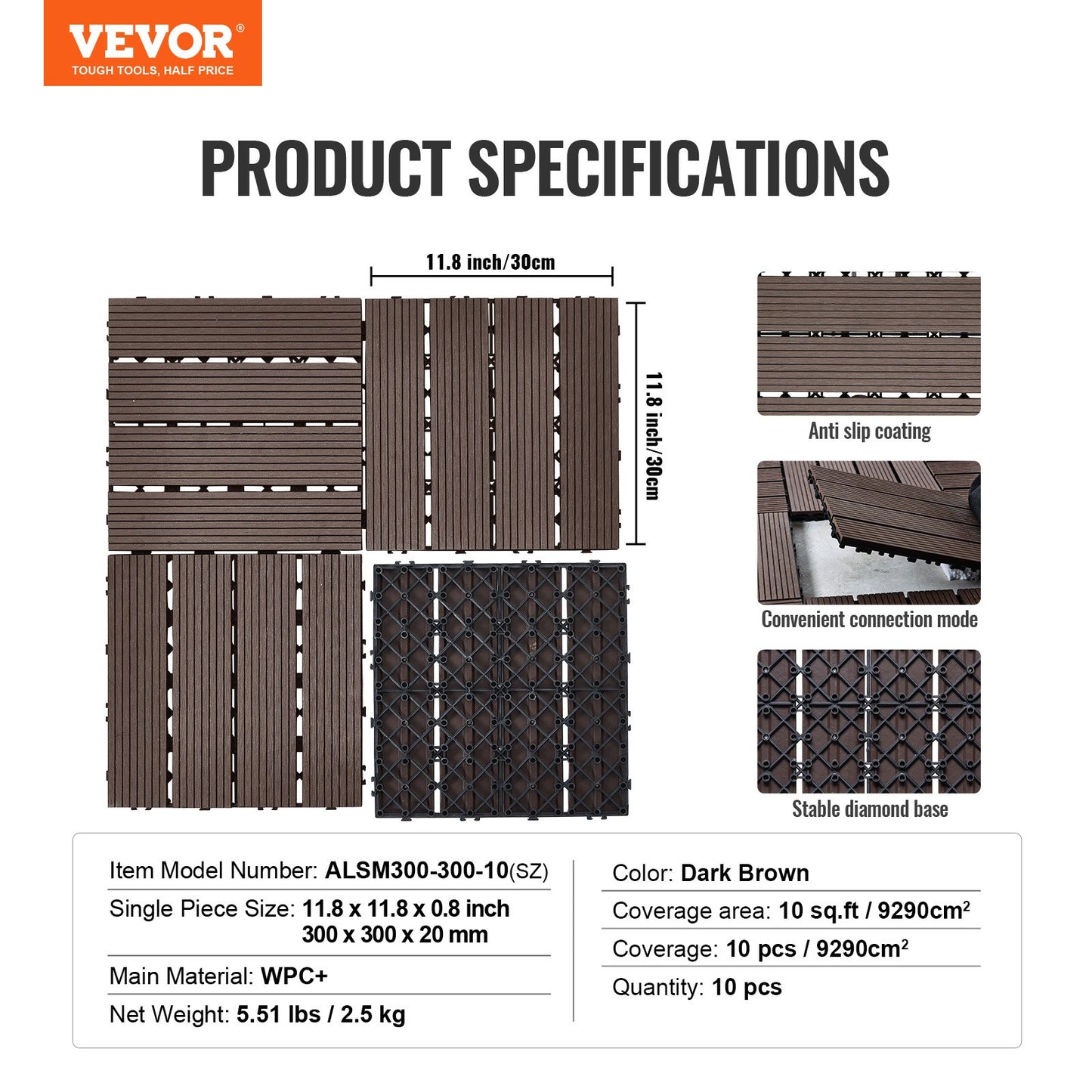 Interlocking Deck Plates Plast Wood 10 Pack 12"x12" Vattentät för veranda