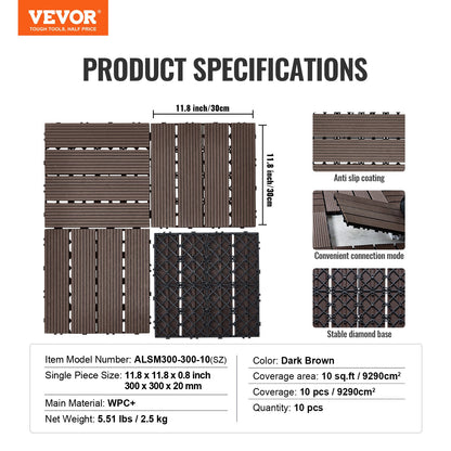 Interlocking Deck Plates Plast Wood 10 Pack 12"x12" Vattentät för veranda