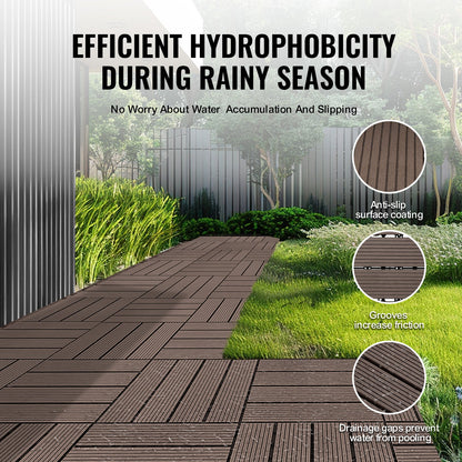 Interlocking Deck Tiles Plastic Wood, 10 Pack,12"x12" 10 sq. ft Waterproof Outdoor Flooring All Weather Use, Patio Floor Decking Covering Tiles for Porch Poolside Balcony Backyard, Dark Brown