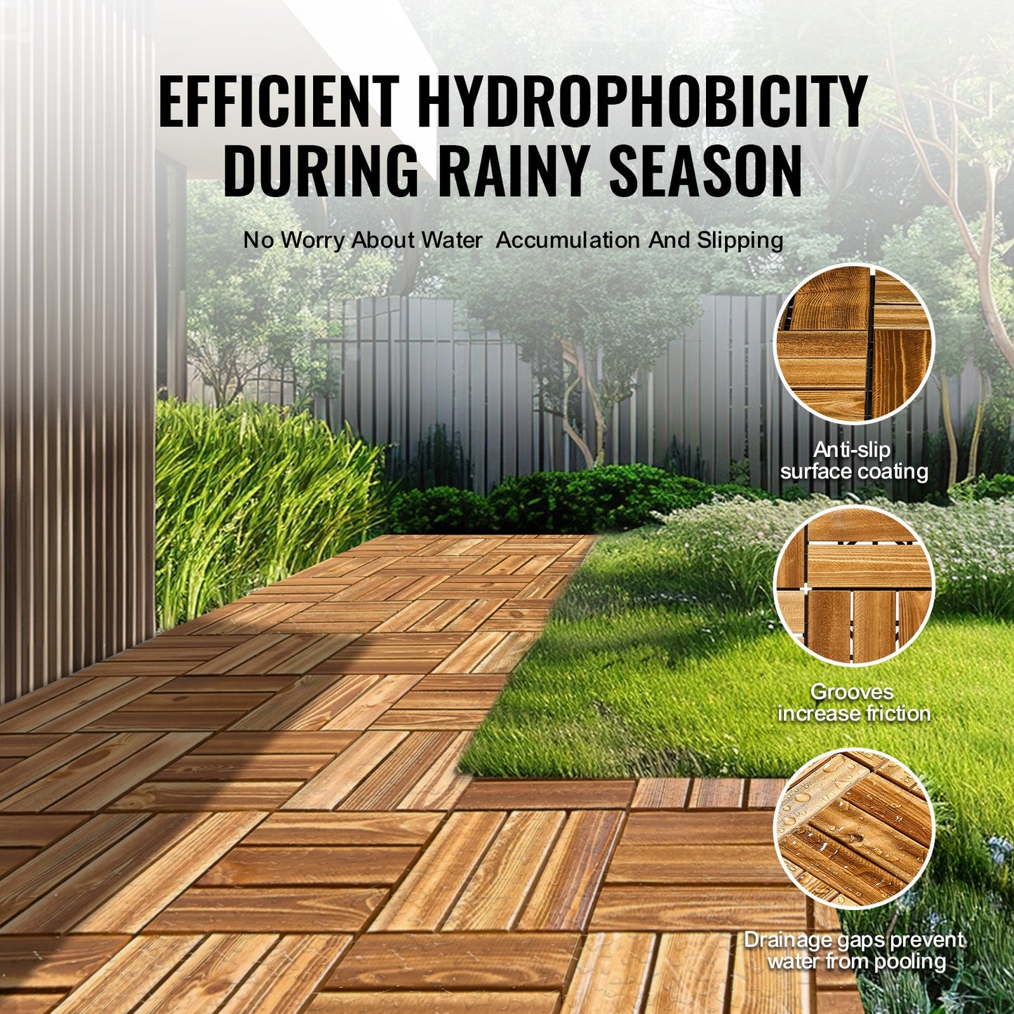 Ineinander greifende Terrassendielen aus Massivholz, 27er-Pack, 30,5 x 30,5 cm, Kampferkiefer für die Veranda