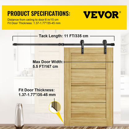 Hårdvarusats för skjutbar ladugårdsdörr, 11FT Ladugårdsdörrsats, 330 LBS lastbärande dubbel Ladugårdsdörrssats, Kolstål Ladugårdsdörrspår, stoppdörr för 1,57-1,77" tjocklek & 5,5FT bred dörrpanel