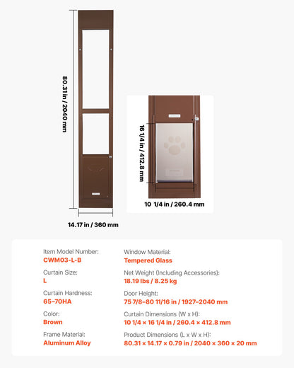 Dog Door for Sliding Glass Door, 75 7/8 to 80 11/16 in Adjustable Height, Aluminum Alloy Frame with Rotating Hinges, Lock Design, 10 1/4 x 16 1/4 in Flap, Sliding Glass Pet Door for Renters