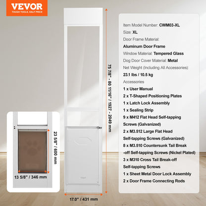 Dog Door for Sliding Glass Door, 75 7/8"-80 11/16" Adjustable Height Doggy Door for Sliding Doors, Aluminum Frame Tempered Glass Pet Door with Hinge Structure Flap and Lock for Large-Sized Dogs