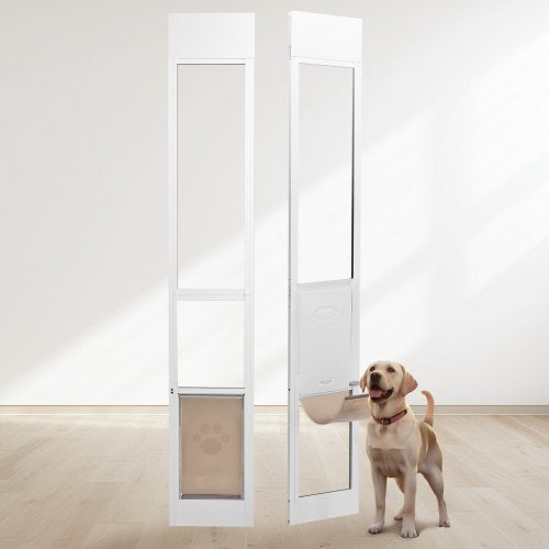 Dog Door for Sliding Glass Door, 75 7/8"-80 11/16" Adjustable Height Doggy Door for Sliding Doors, Aluminum Frame Tempered Glass Pet Door with Hinge Structure Flap and Lock for Medium-Sized Dogs