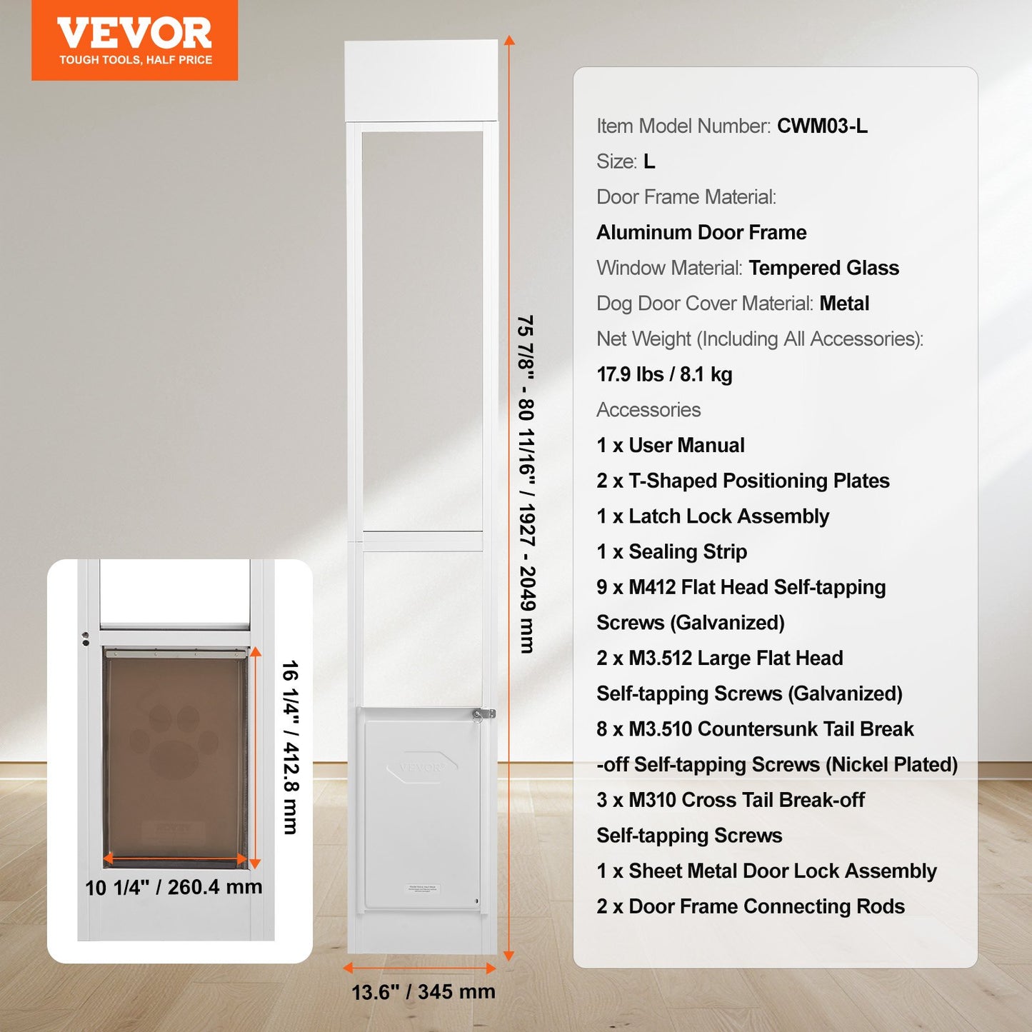 Dog Door for Sliding Glass Door, 75 7/8"-80 11/16" Adjustable Height Doggy Door for Sliding Doors, Aluminum Frame Tempered Glass Pet Door with Hinge Structure Flap and Lock for Medium-Sized Dogs