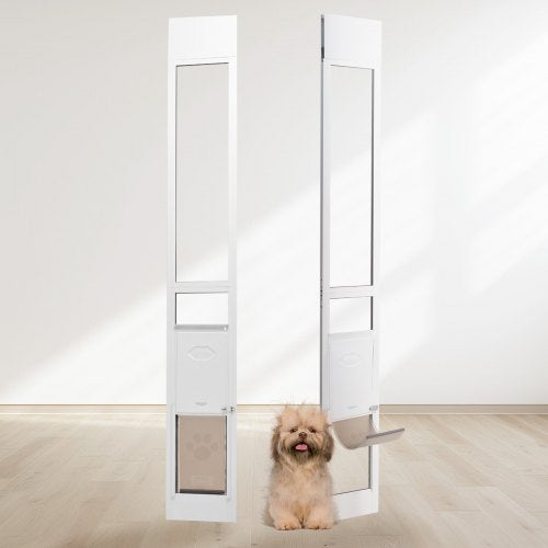 Dog Door for Sliding Glass Door, 75 7/8"-80 11/16" Adjustable Height Doggy Door for Sliding Doors, Aluminum Frame Tempered Glass Pet Door with Hinge Structure Flap and Lock for Small-Sized Dogs