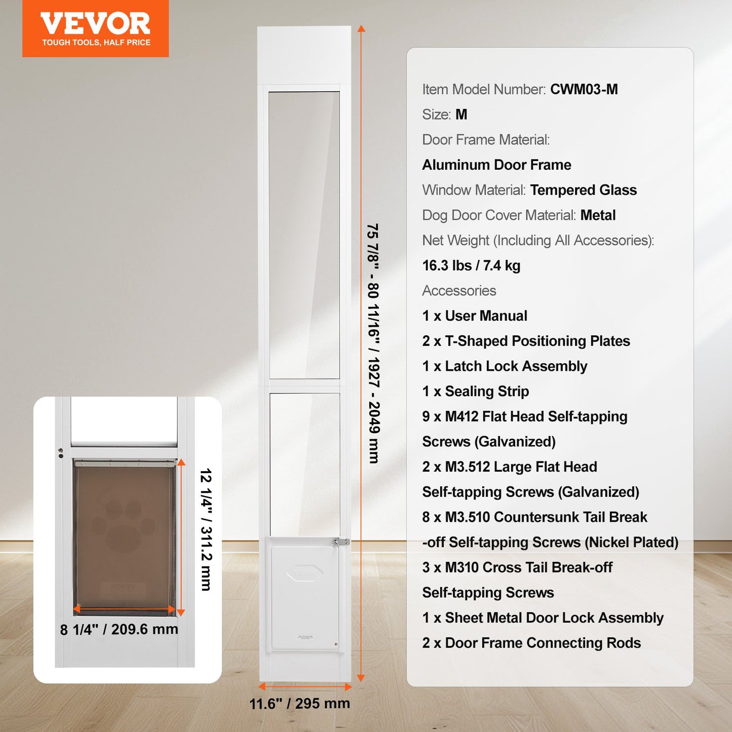 Dog Door for Sliding Glass Door, 75 7/8"-80 11/16" Adjustable Height Doggy Door for Sliding Doors, Aluminum Frame Tempered Glass Pet Door with Hinge Structure Flap and Lock for Small-Sized Dogs