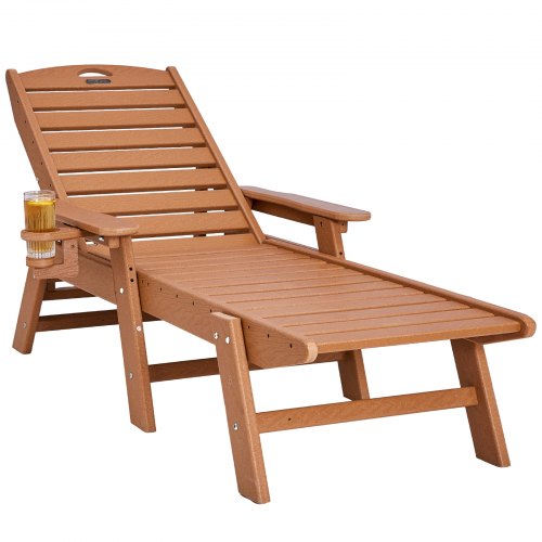 Chaise Lounge Chair, 400 lbs Weight Capacity, 6 Positions Adjustable Patio Lounge Chair, Outdoor HDPE Lounge Chair with Backrest & Cup Holder, for Pool Poolside Deck Backyard Lawn, Brown