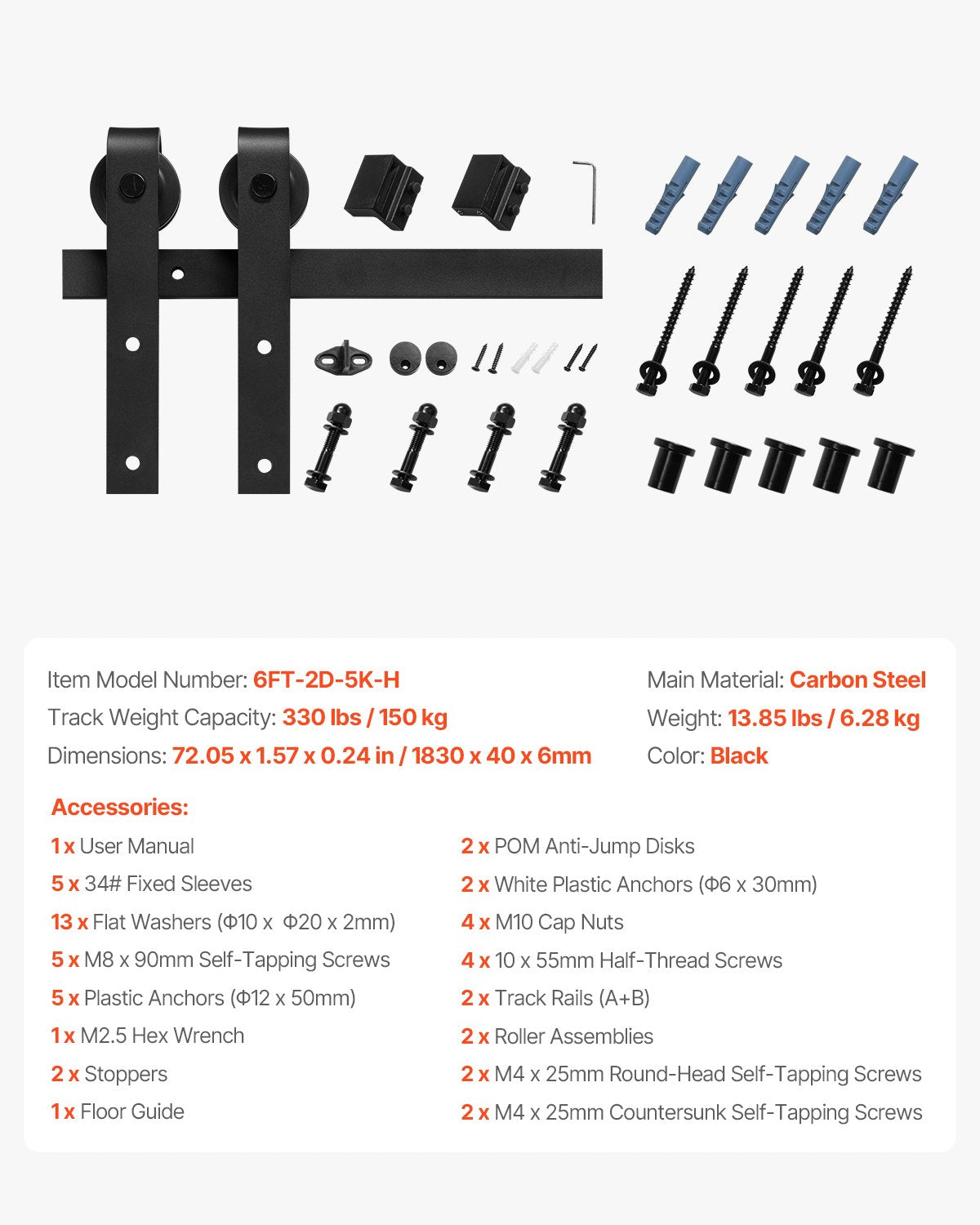6FT Sliding Barn Door Hardware Kit, 330 LBS Weight Capacity, Compatible with 36 Inches Max Width & 1-3/8 to 1-3/4 Inches Thickness Single Sliding Barn Door, Durable Track & J-shape Roller, Black