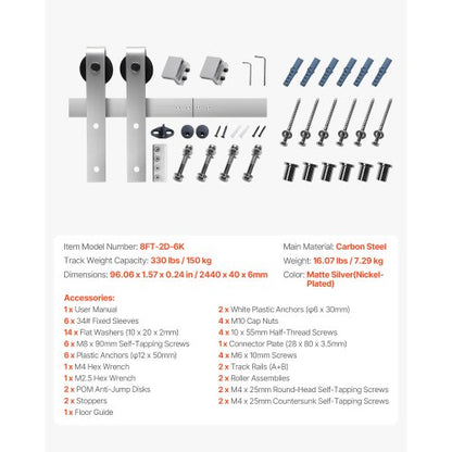 8FT Sliding Door Hardware Kit for Single Sliding Door Silver | EU