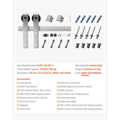 6.6FT Sliding Door Hardware Kit for Single Sliding Door Silver | EU