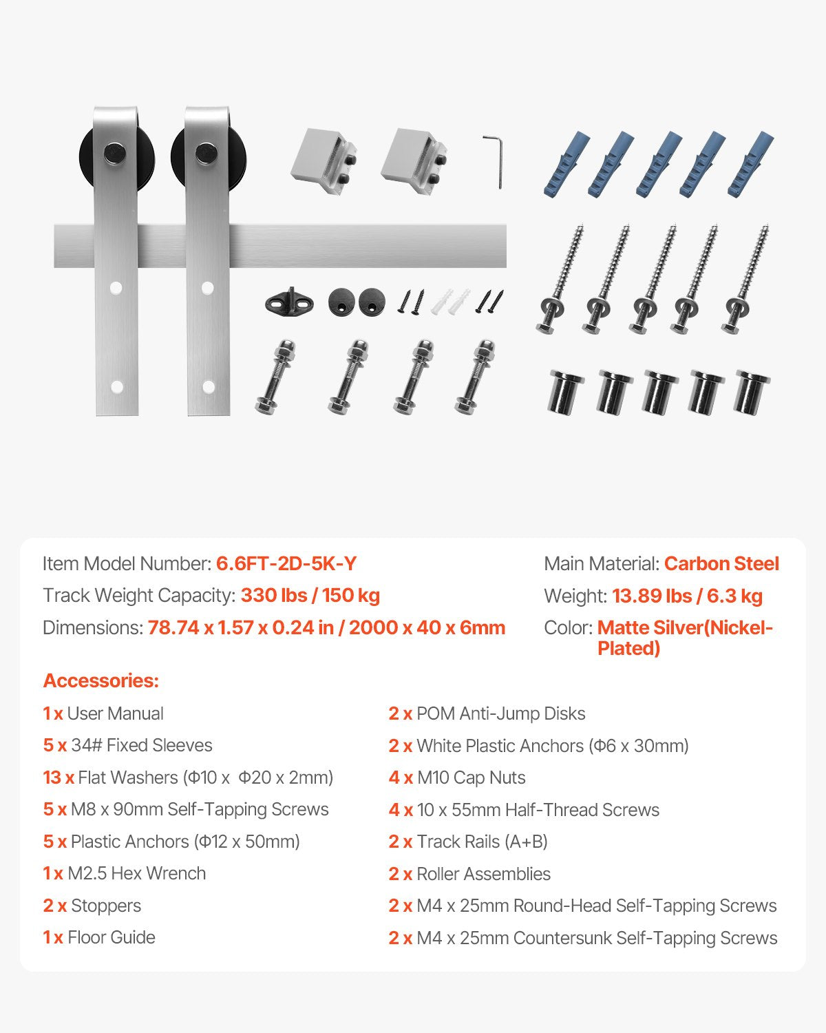 6.6FT Sliding Barn Door Hardware Kit, 330 LBS Weight Capacity, Compatible with 36 to 40 Inches Width & 1-3/8 to 1-3/4 Inches Thickness Single Sliding Barn Door, Durable Track & J-shape Roller