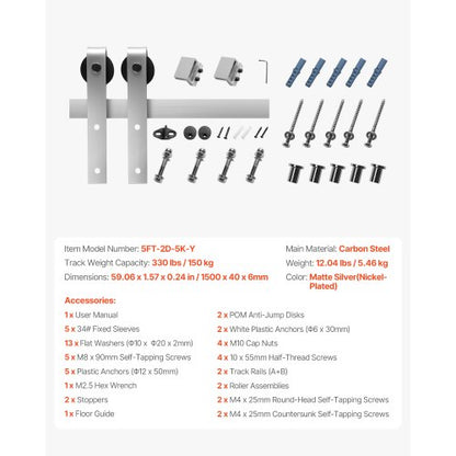 1.5 m sliding door fittings for single sliding door in silver | EU