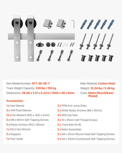 5FT Sliding Barn Door Hardware Kit, 330 LBS Weight Capacity, Compatible with 30 Inches Max Width & 1-3/8 to 1-3/4 Inches Thickness Single Sliding Barn Door, Durable Track & J-shape Roller Silver