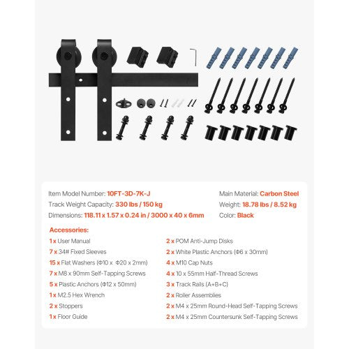 10FT Schiebetür-Hardware-Kit für einzelne J-förmige Schiebetür