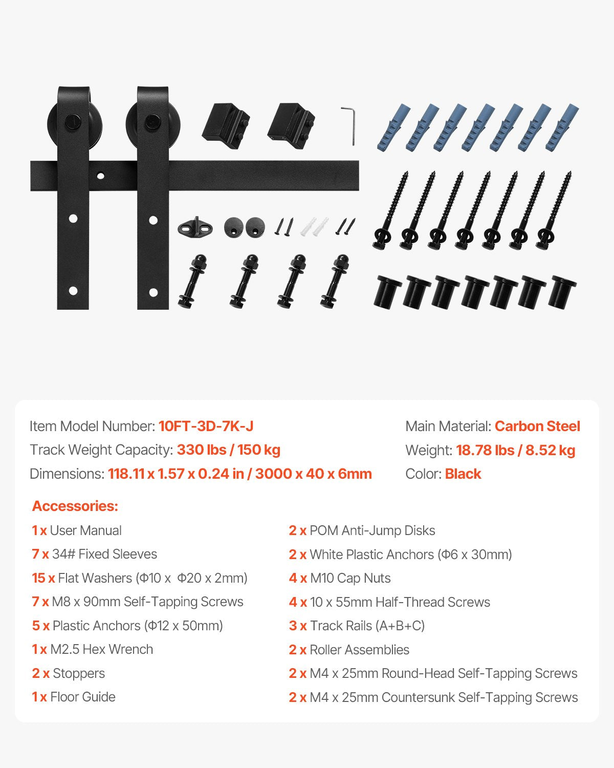 10FT Sliding Barn Door Hardware Kit, 330 LBS Weight Capacity, Compatible with 60 Inches Max Width & 1-3/8 to 1-3/4 Inches Thickness Single Sliding Barn Door, Durable Track & J-shape Roller,Black